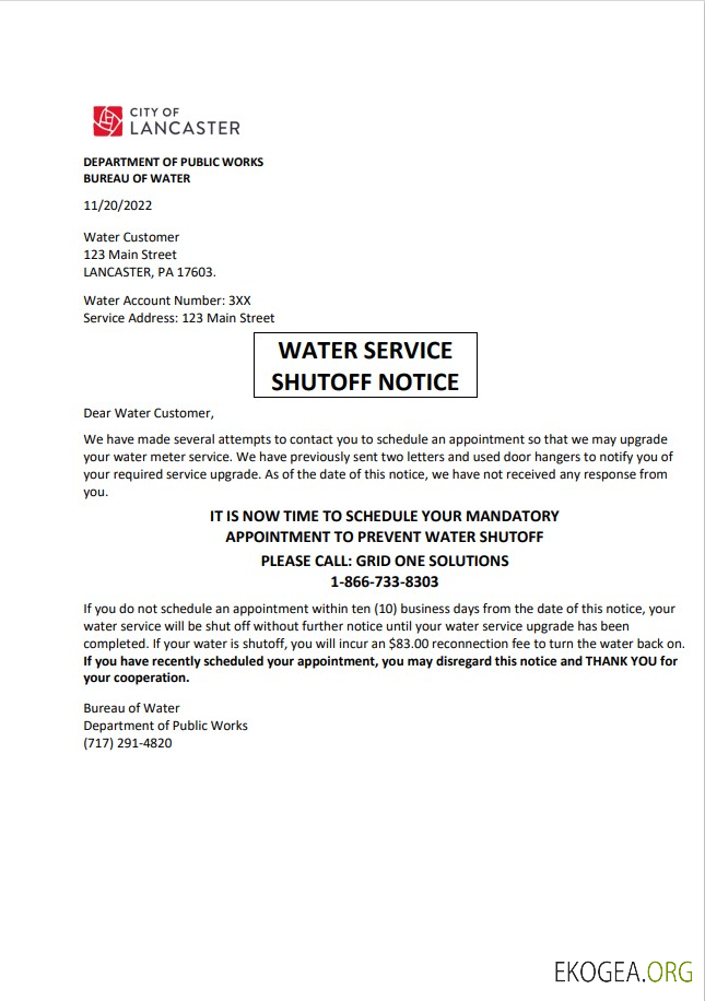 USA Lancaster Water service utility bill shutoff notice, Word and PDF template